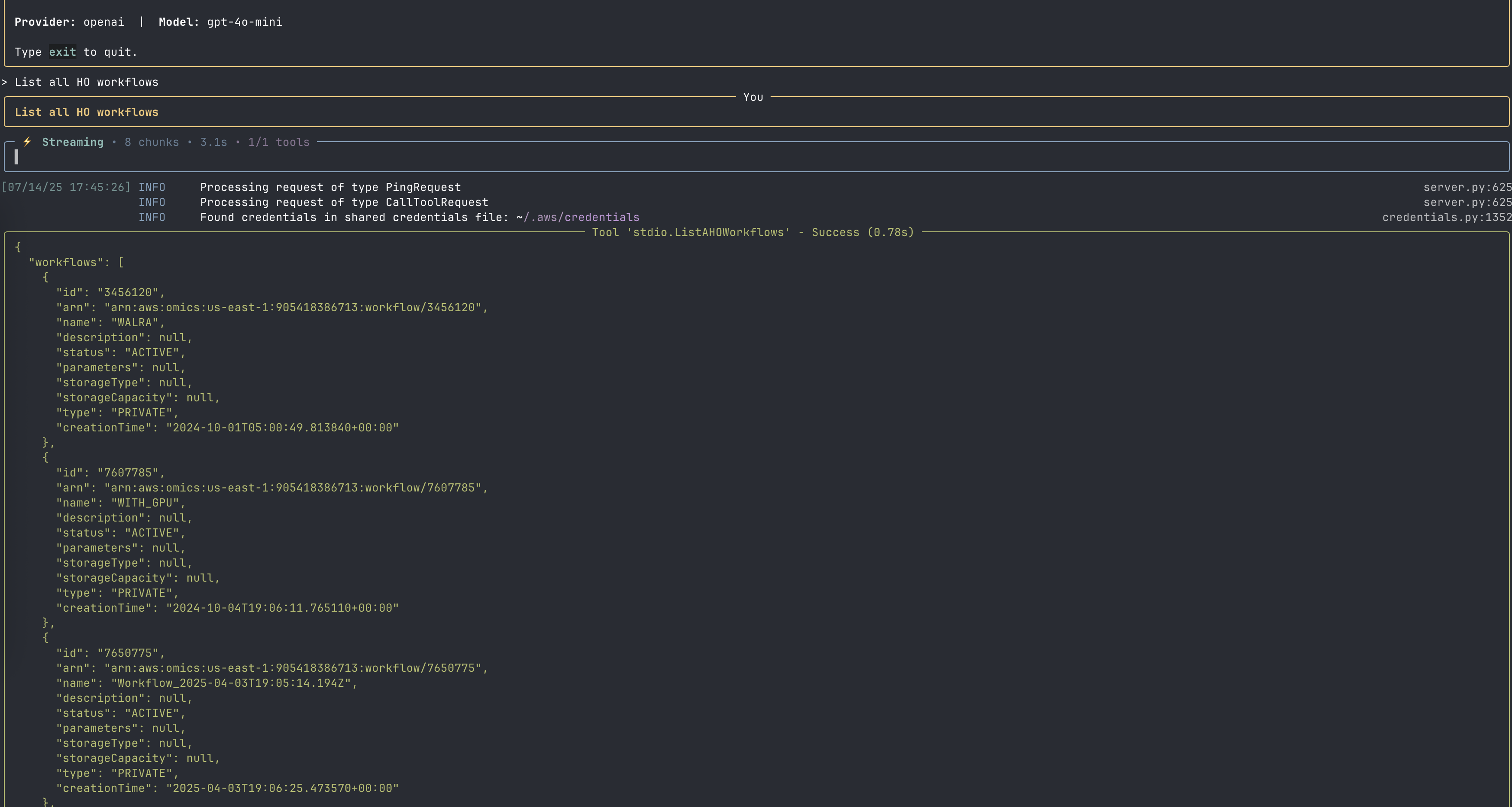 MCP CLI tools list showing all available HealthOmics tools with their descriptions