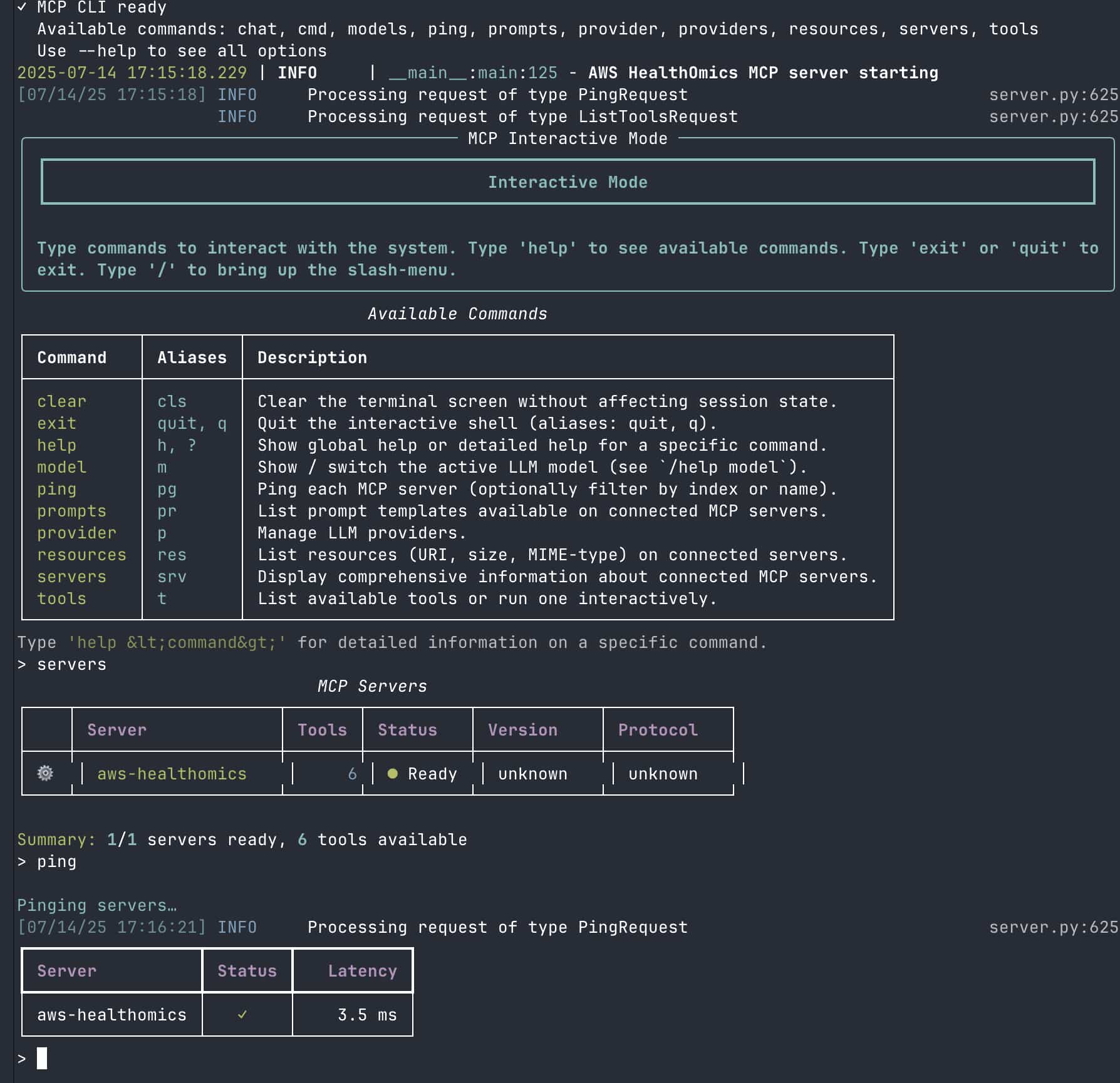 MCP CLI server status showing the aws-healthomics server running with 6 tools available